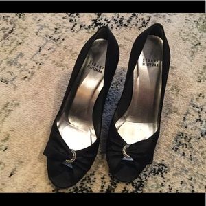 Stuart Weitzman Black Satin Peep Toe Heels